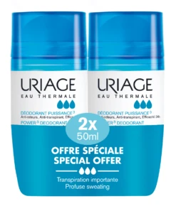 URIAGE Déodorant Puissance 3 Anti-Transpirant Roll-On 24H - Peaux Sensibles, 2x50ml