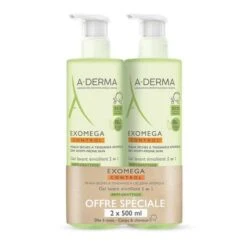 A Derma EXOMEGA CONTROL - Gel Lavant Émollient 2 En 1 Anti-Grattage Bébé - Visage Corps Et Cheveux - Peaux Sèches à Tendance Atopique, 2x500ml