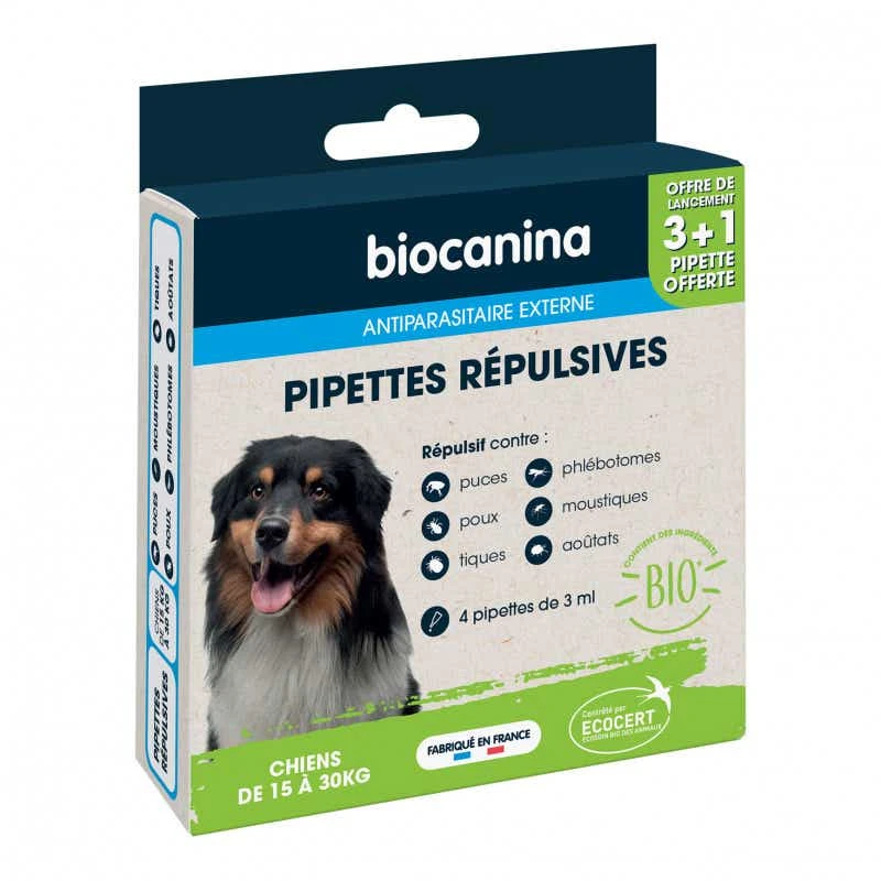 ANTIPARASITAIRE EXTERNE - Pipettes Répulsives Bio - Chien - 15 à 30kg, 3 Pipettes + 1 Offerte