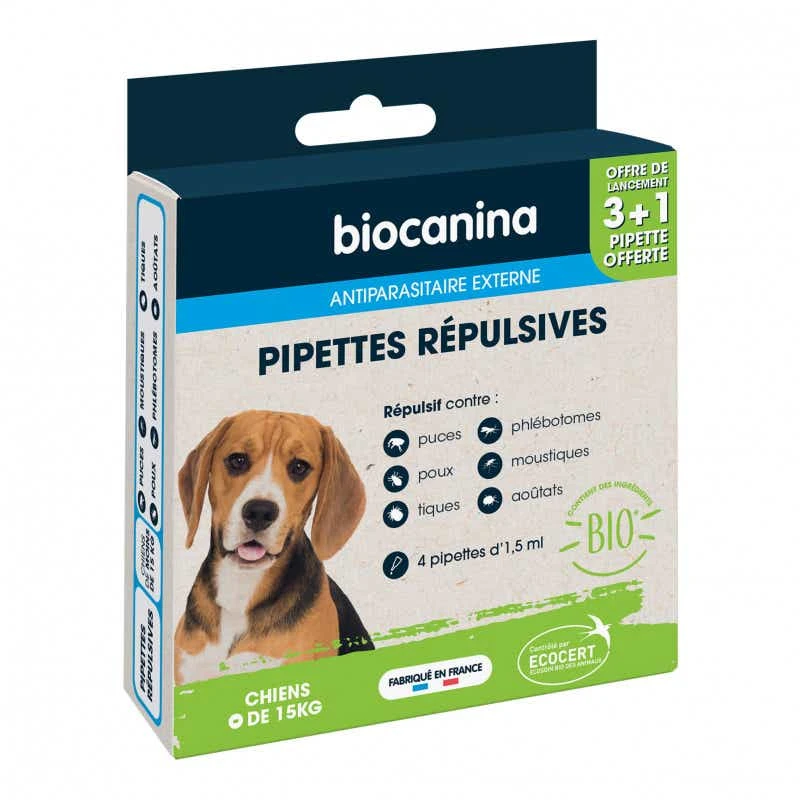 ANTIPARASITAIRE EXTERNE - Pipettes Répulsives Bio - Chiens De Moins De 15kg, 3 Pipettes + 1 Offerte