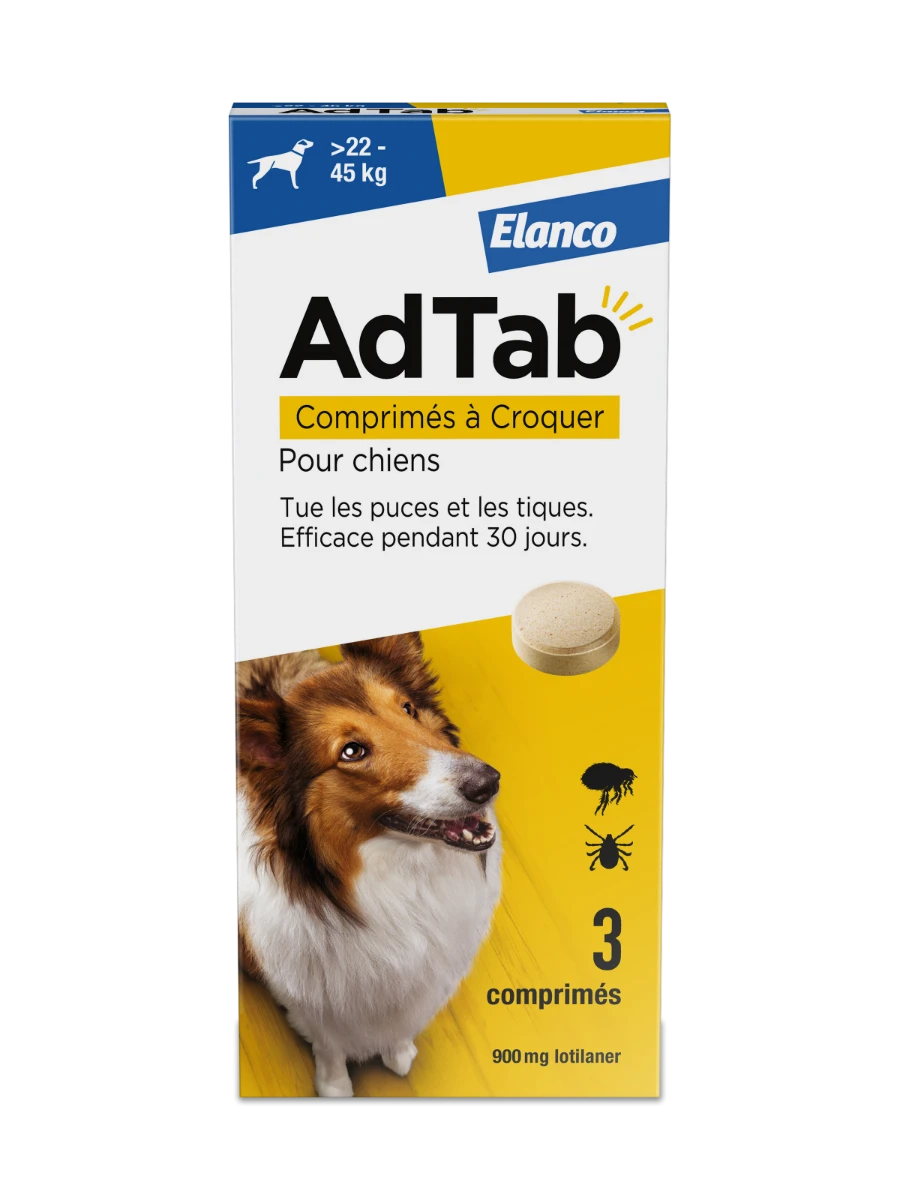 ADTAB - Comprimés à Croquer Pour Chiens Contre Puces Et Tiques - 22 à 45kg, 3 Comprimés