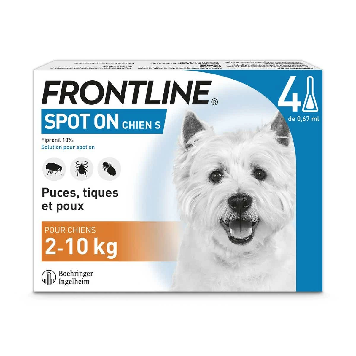 Frontline SPOT-ON - Solution Pour Spot-on Chiens - De 2 à 10kg, 4 Pipettes De 0,67ml