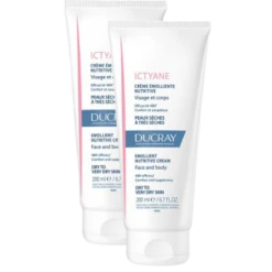 Ducray ICTYANE - Crème Emolliente Nutritive - Visage Et Corps - Peaux Sèches à Très Sèches 2x200ml