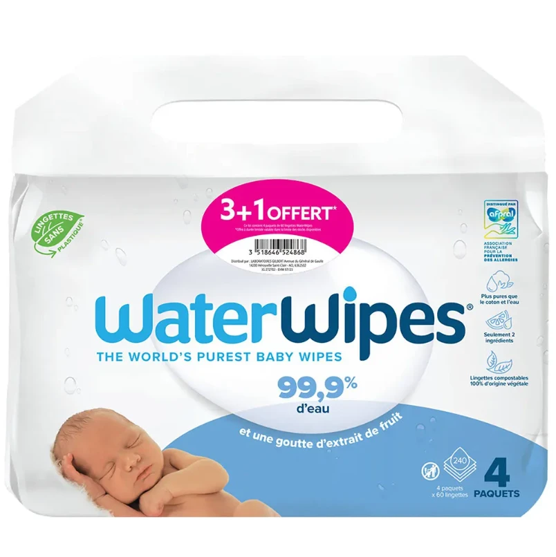 Lingettes Bébé à L'Eau, 3x60 Lingettes + 1 Offert 3 Lingettes Bébé à L'Eau, 3x60 Lingettes + 1 Offert